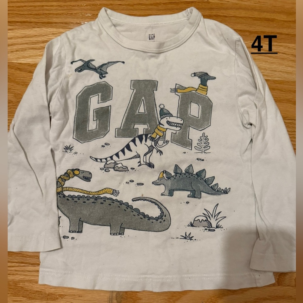 GAP Kids White Long Sleeve Dinosaur Tee